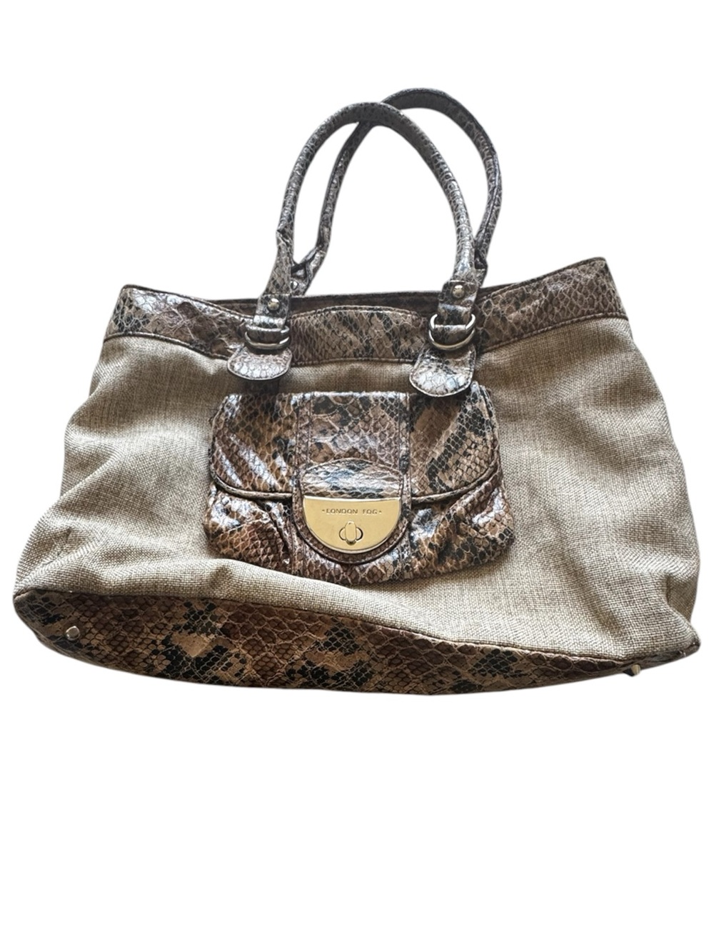 LONDON FOG Rare Canvas Handbag Beige Purse with Snakeskin Trim & Front Pocket